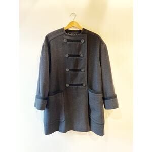Vtg 100% Lambs Wool Military Double Breasted Black Long Sleeve Front Pocket Coat